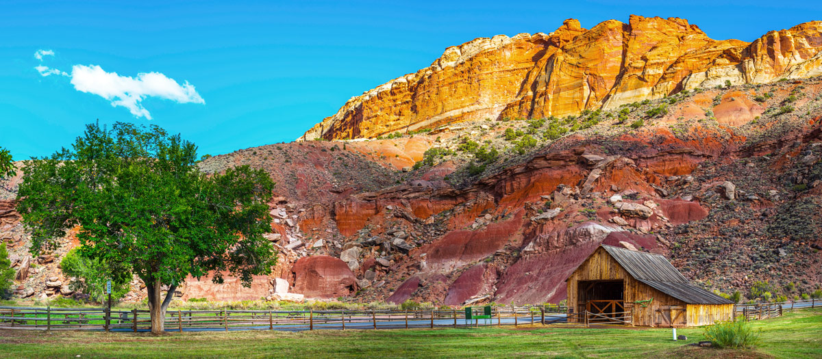 A drug rehab in Utah located in a wooden barn amidst a green field.